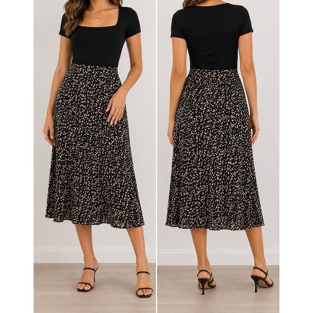 Dana Buchman Black Beige Floral Midi Skirt Size M Pull On A-Line Career